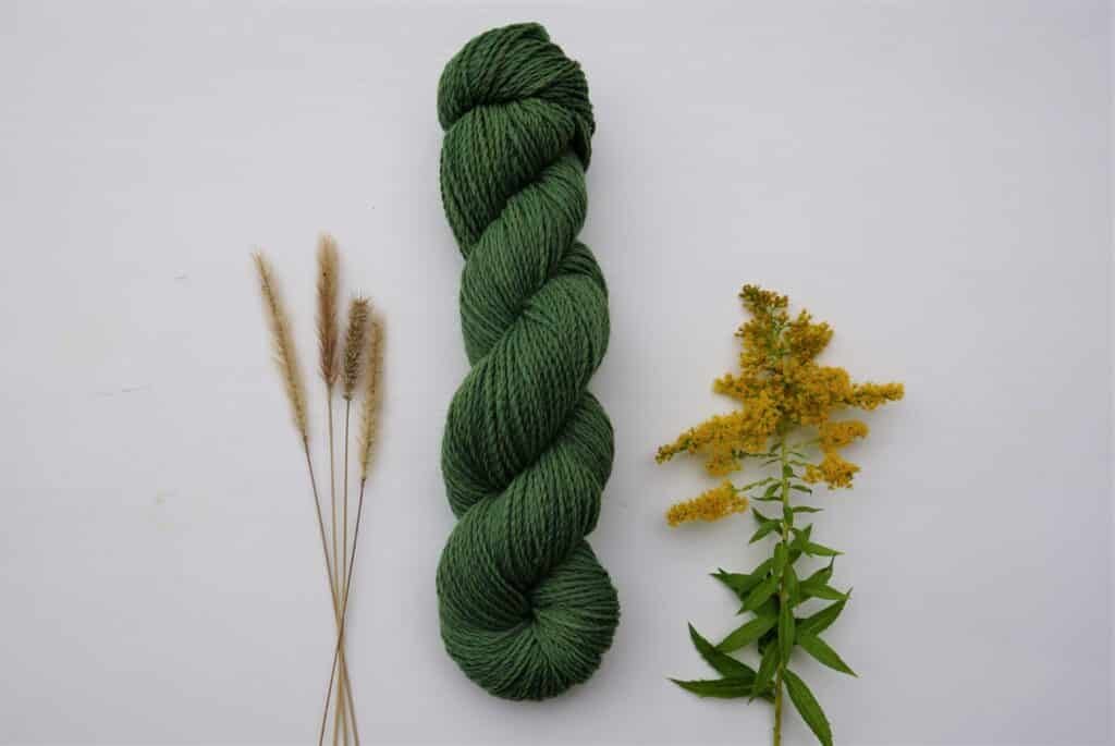 deep green skein of yarn next to a goldenrod branch and some yellow grasses