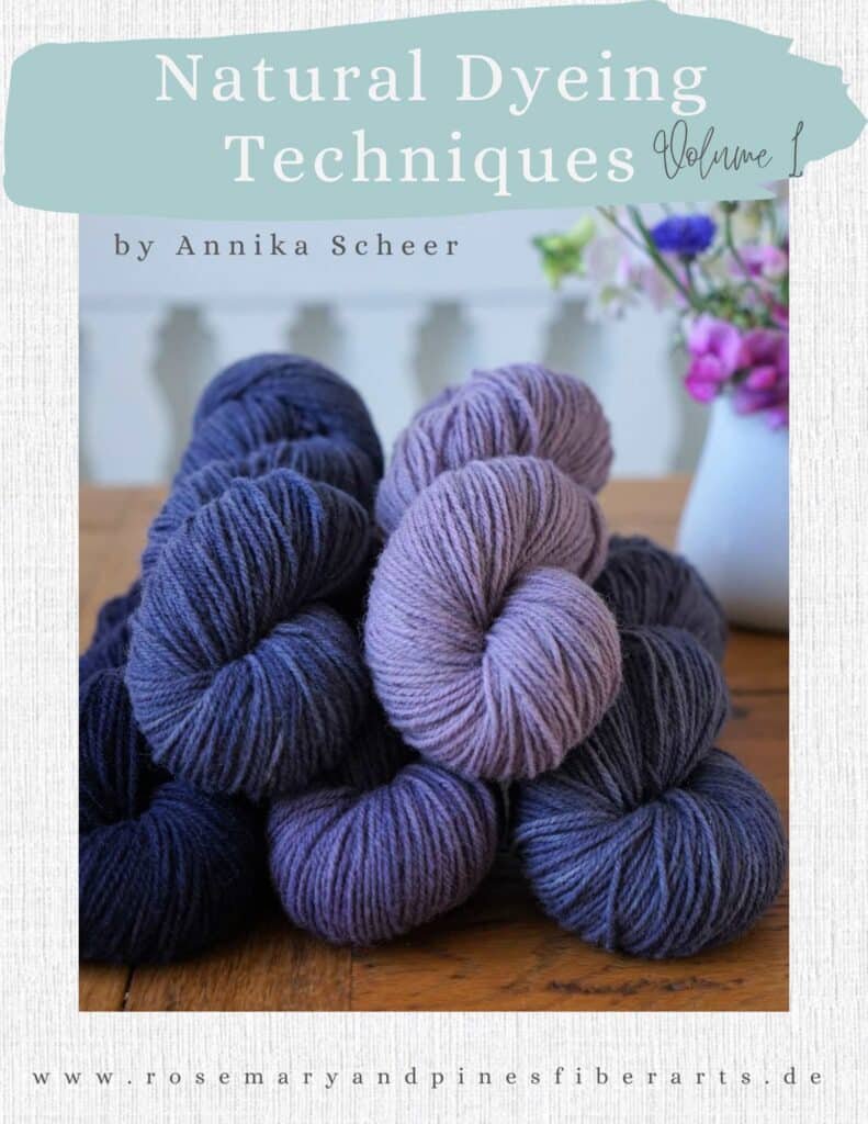 cover of an ebook about natural dyeing techniques volume 1 by annika scheer, a stack of purple yarns on a wooden surface