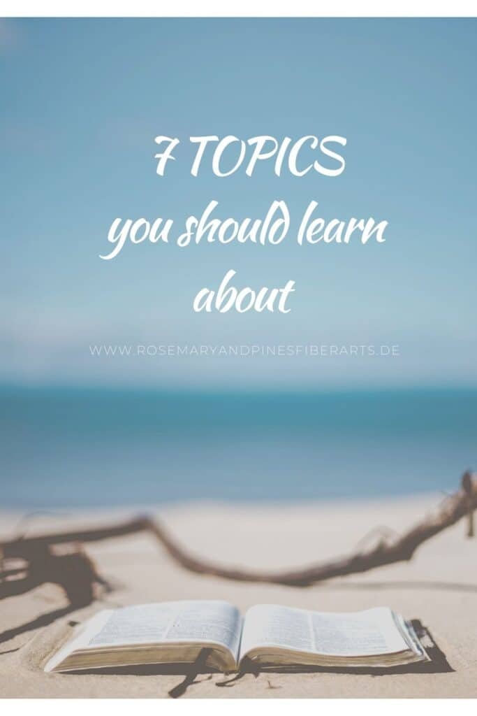 an open book and glasses laying in the sand with a blurry glimpse of the ocean behind. a text saying "7 topics you should learn about."