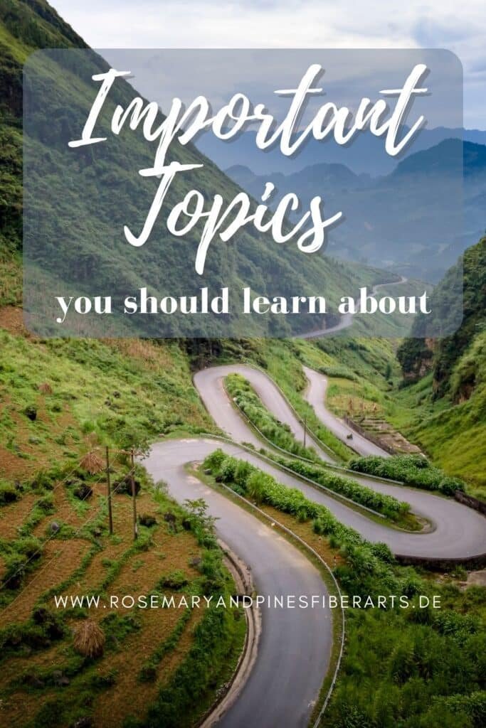 a curvy road through a mountain valley and a text saying "important topics you should learn about"