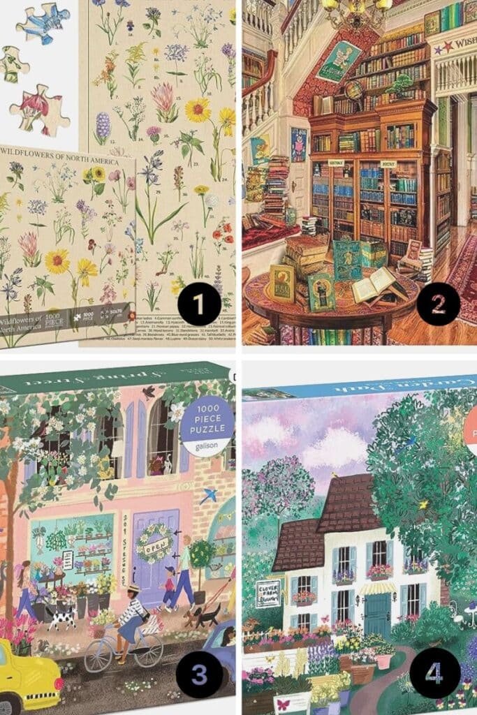 four different colorful cottagecore puzzles