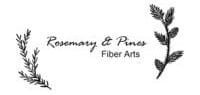 black and white logo of rosemary & pines fiber arts: text in the middle, pine branch on the right and rosemary branch on the left