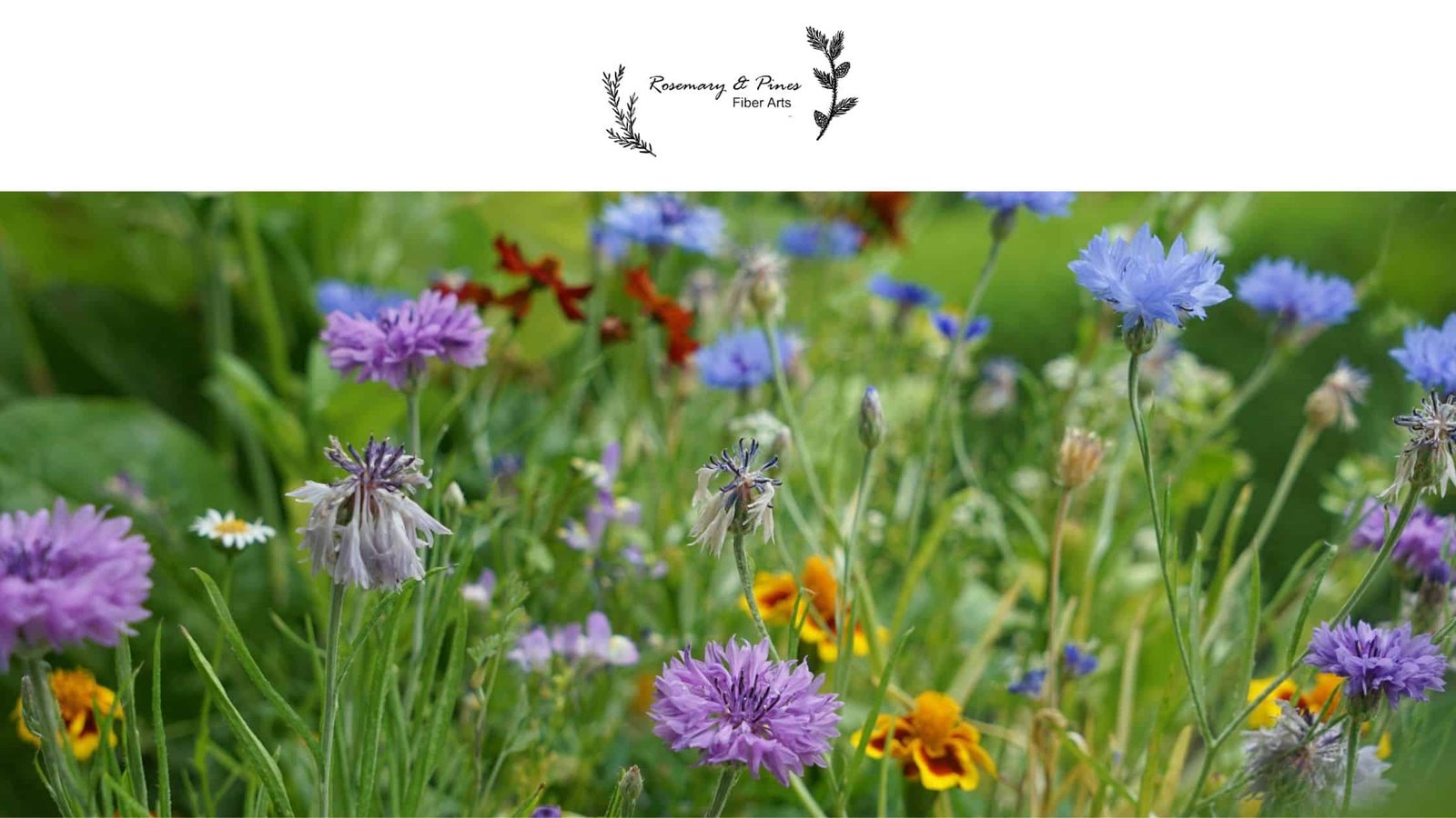 rosemary & pines fiber arts logo above a picture of colorful wildflowers