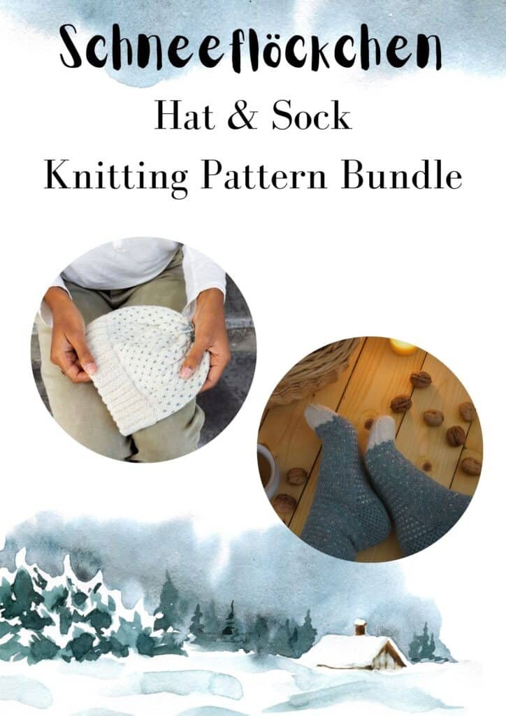 a wintery scene painted with watercolor and two pictures, one of a hat and one of a pair of socks. a text saying schneeflöckchen hat & sock knitting pattern bundle